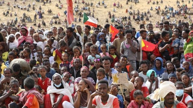 Refugees from the Tigray region at a refugee camp in Sudan