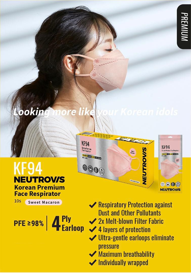 # Neutrovis KF94 Korea Premium Face Respirator 相信很多女生都会钟情于这款Neutrovis KF94口罩的马卡龙梦幻粉色！其他比较中性好搭配的配色有Oxford Blue深蓝色、Jet Black经典黑色、Dynamite Grey百搭灰色、Pool Blue水蓝色～可以到官方旗舰店去挑挑看~ >>> 【点击查看Lazada链接